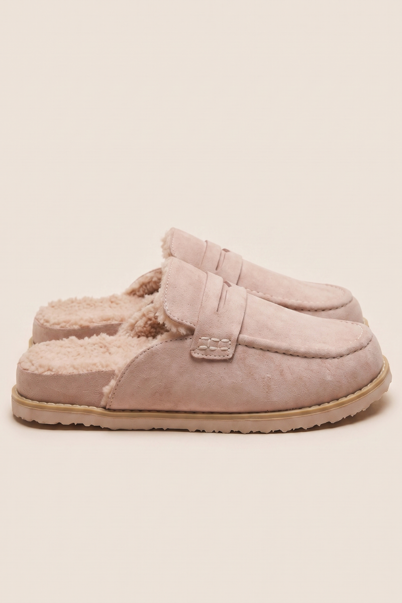 Beige Faux Suede Faux Fur Lined Loafer Mules - Brynn