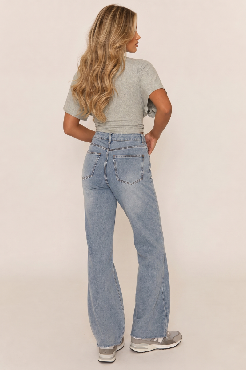 Mid Blue Stretch Frayed Hem Jeans - Scarlett