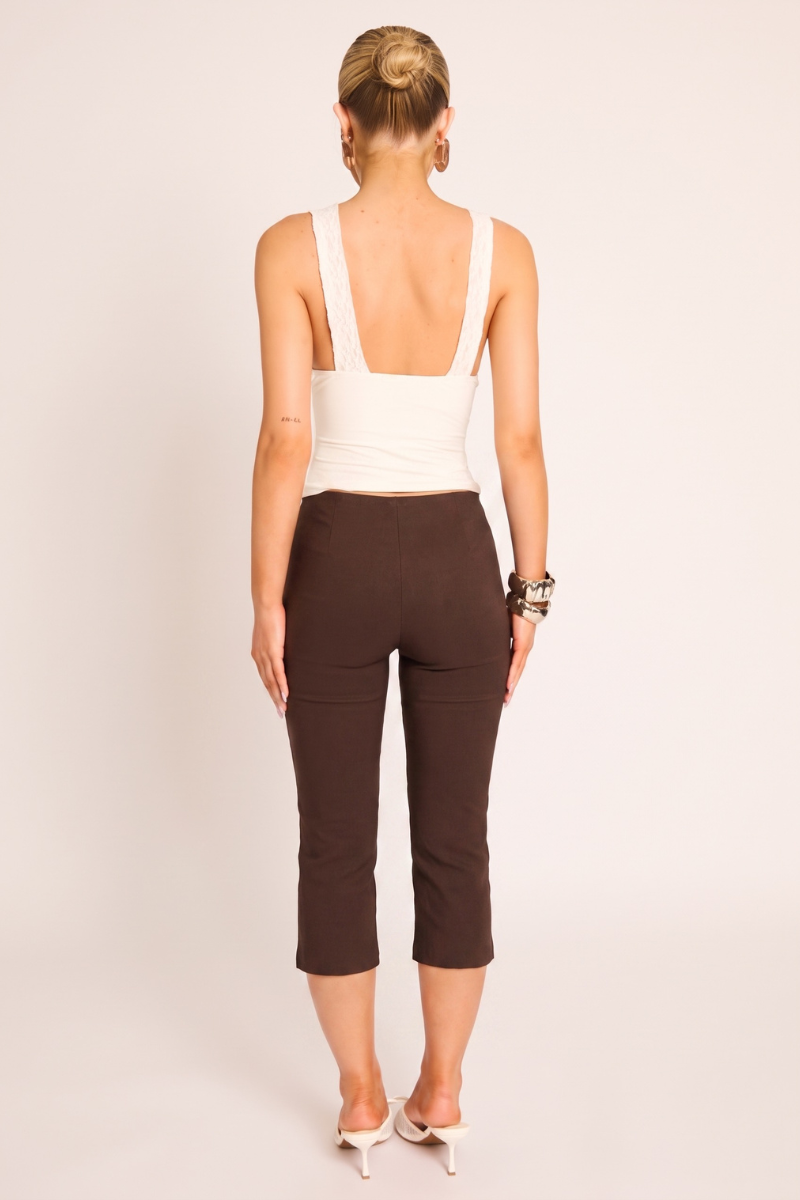 Chocolate Bengaline Split Hem Capri Pants - Jaclyn