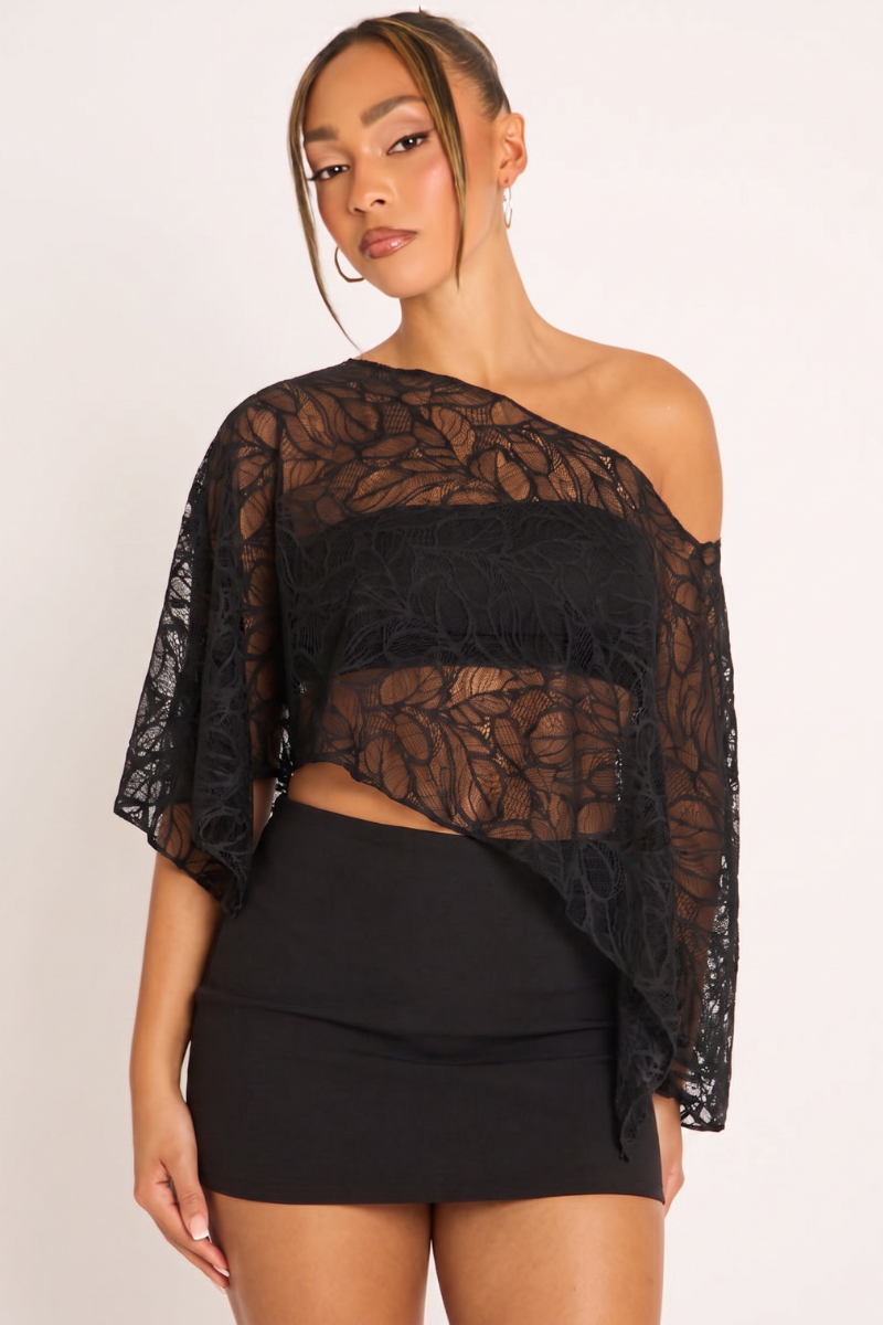 Black Lace Slash Neck Cape Top - Ellani