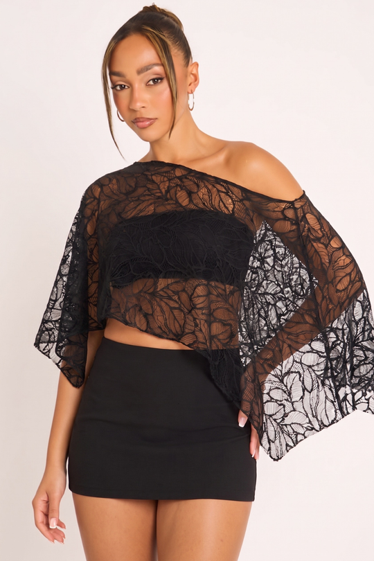 Black Lace Slash Neck Cape Top - Ellani
