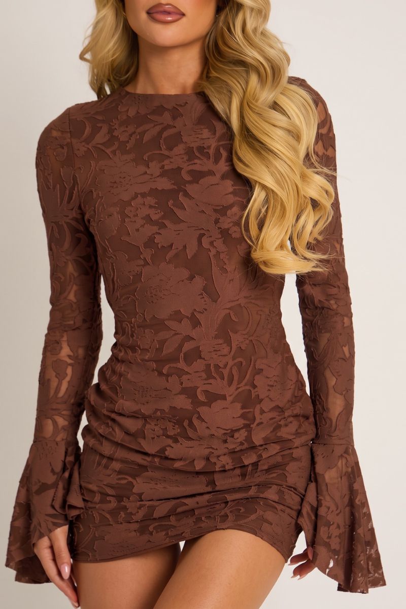 Chocolate Burnout Floral Flare Sleeve Mini Dress - Macey