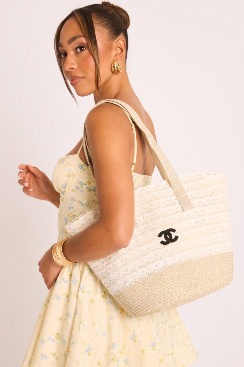 Cream Logo Detail Woven Tote Bag - Emmay