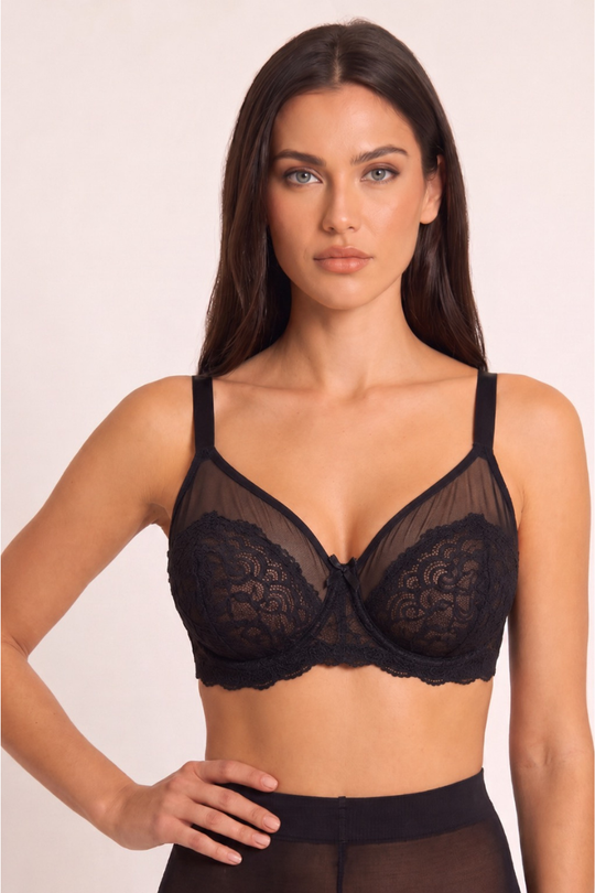 Black Lace Detail Mesh Underwired Bra - Zaina
