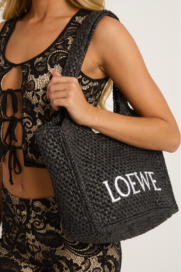 Black Logo Detail Woven Raffia Tote Bag - Elanor