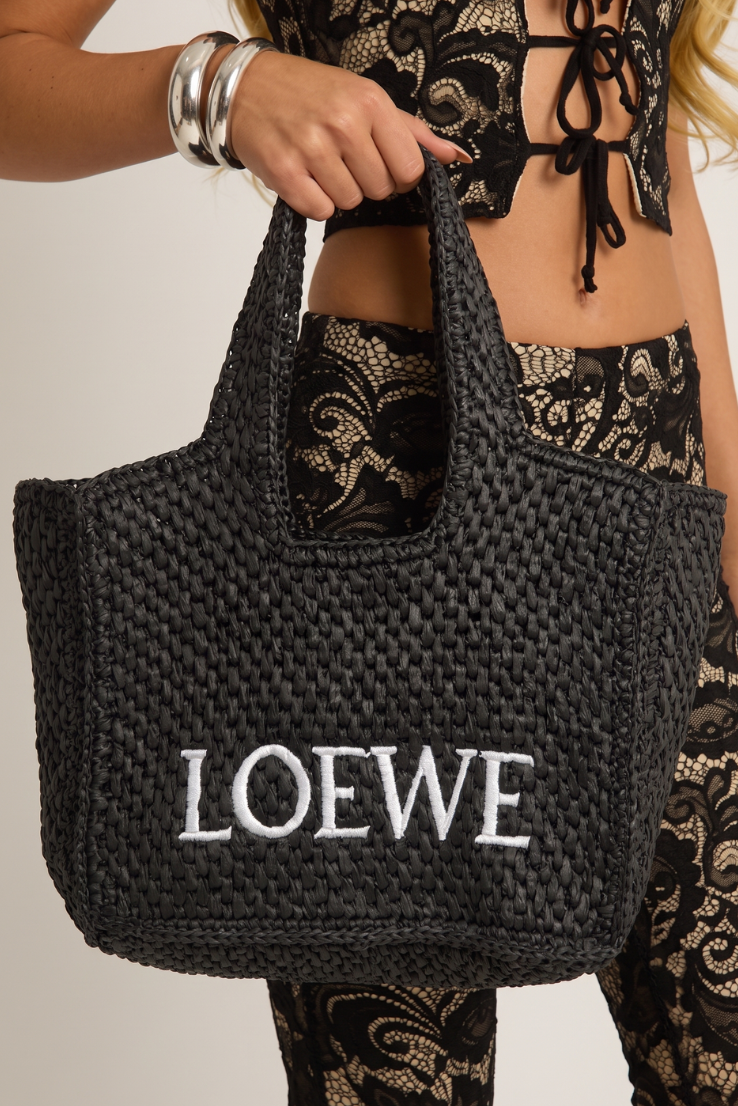 Black Logo Detail Woven Raffia Tote Bag - Elanor