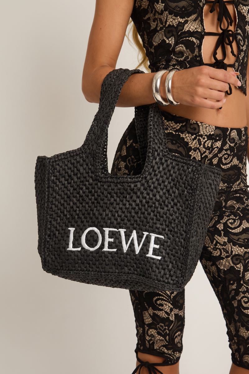 Black Logo Detail Woven Raffia Tote Bag - Elanor
