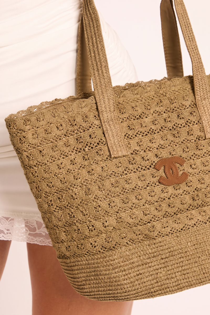 Beige Logo Detail Woven Tote Bag - Emmay