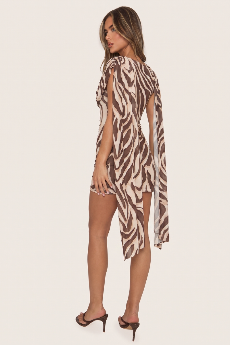 Brown Zebra Print Gathered Cape Mini Dress - Miyar