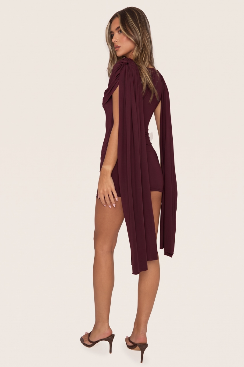 Plum Gathered Cape Mini Dress - Miyar