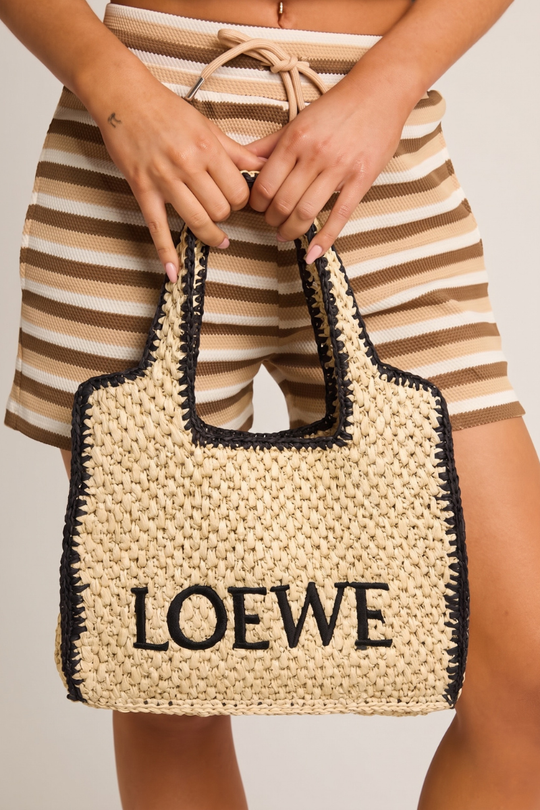 Beige Contrast Trim Logo Detail Woven Raffia Tote Bag - Elanor