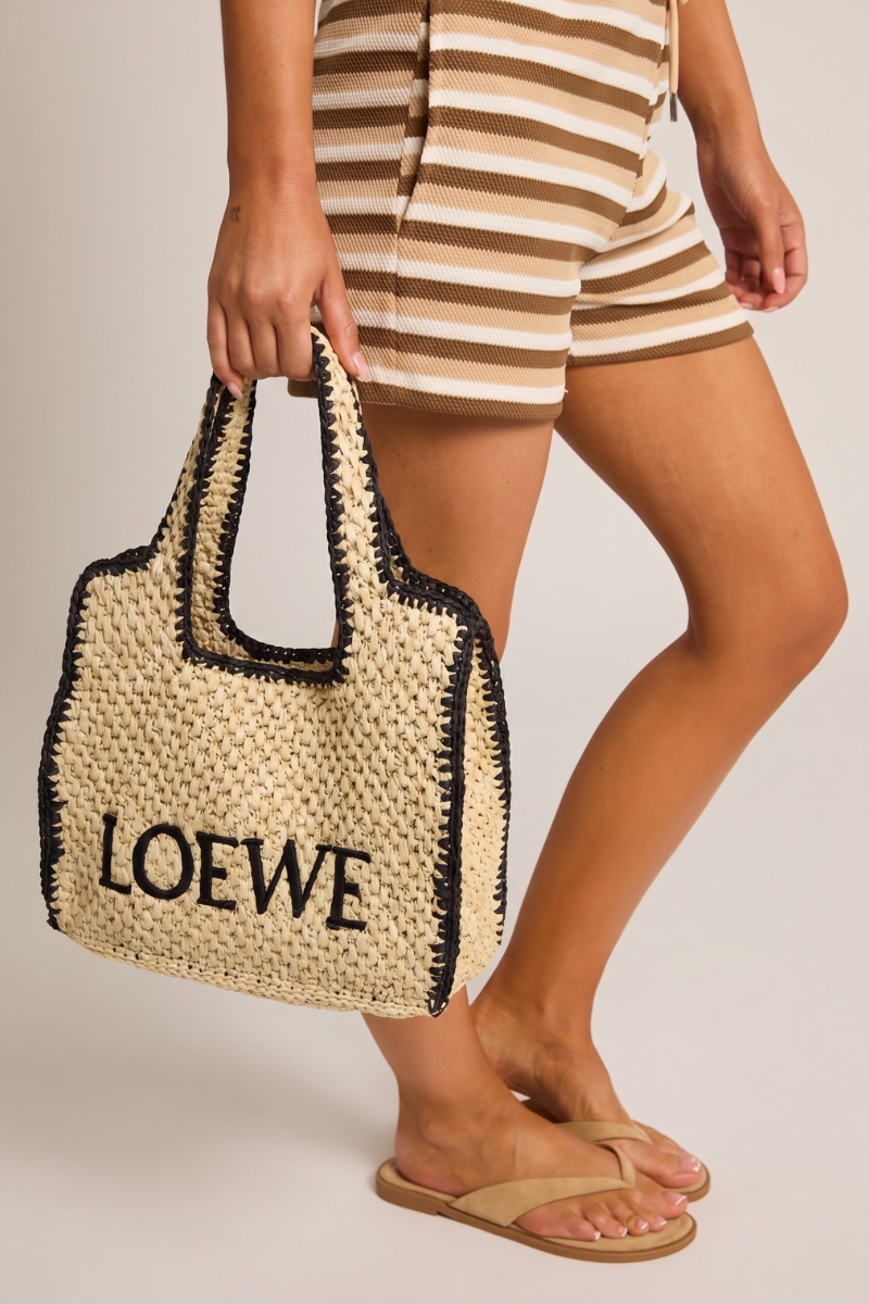 Beige Contrast Trim Logo Detail Woven Raffia Tote Bag - Elanor