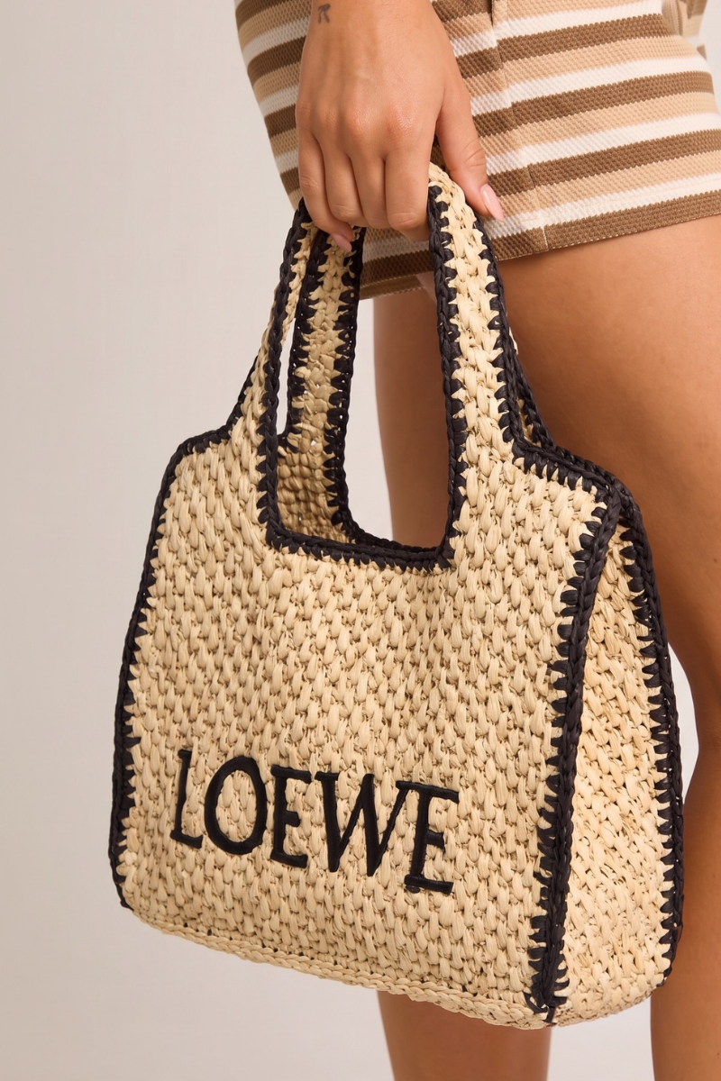 Beige Contrast Trim Logo Detail Woven Raffia Tote Bag - Elanor