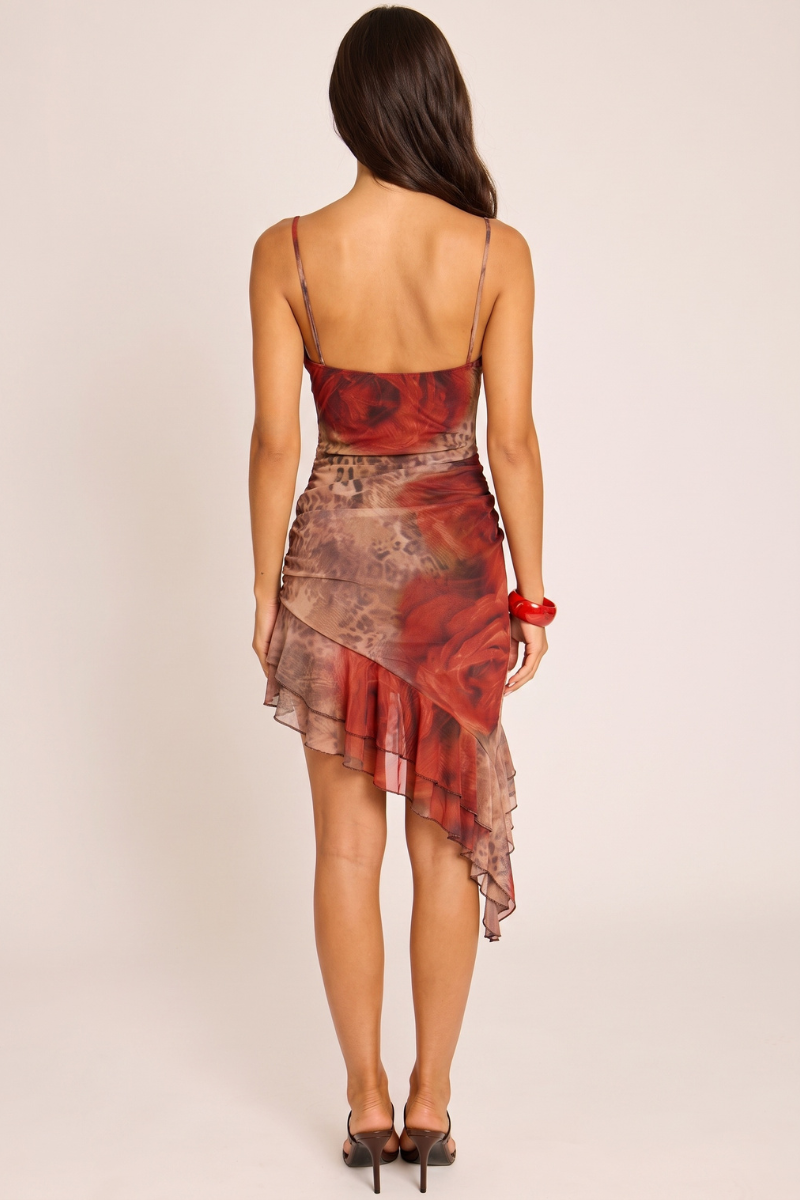 Brown Leopard Print Lace Trim Asymmetric Mesh Mini Dress - Redmin