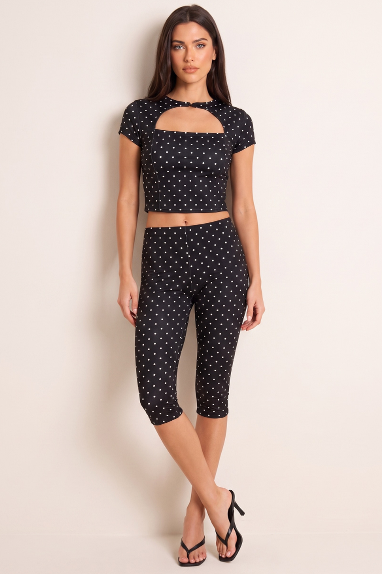 Black Polka Dot Cut Out Top and Capri Pants Co-ord Set - June