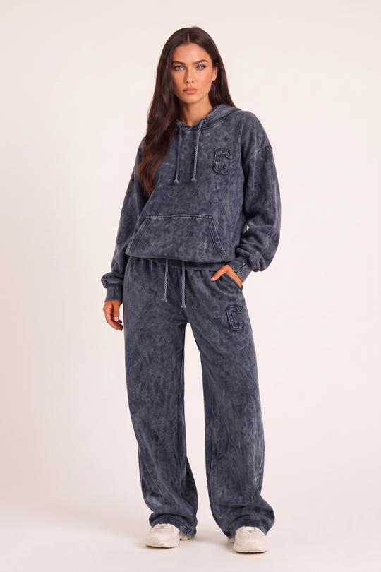 Dark Grey Acid Wash Applique Hoodie & Wide Leg Jogger Co-ord Set - Esmae