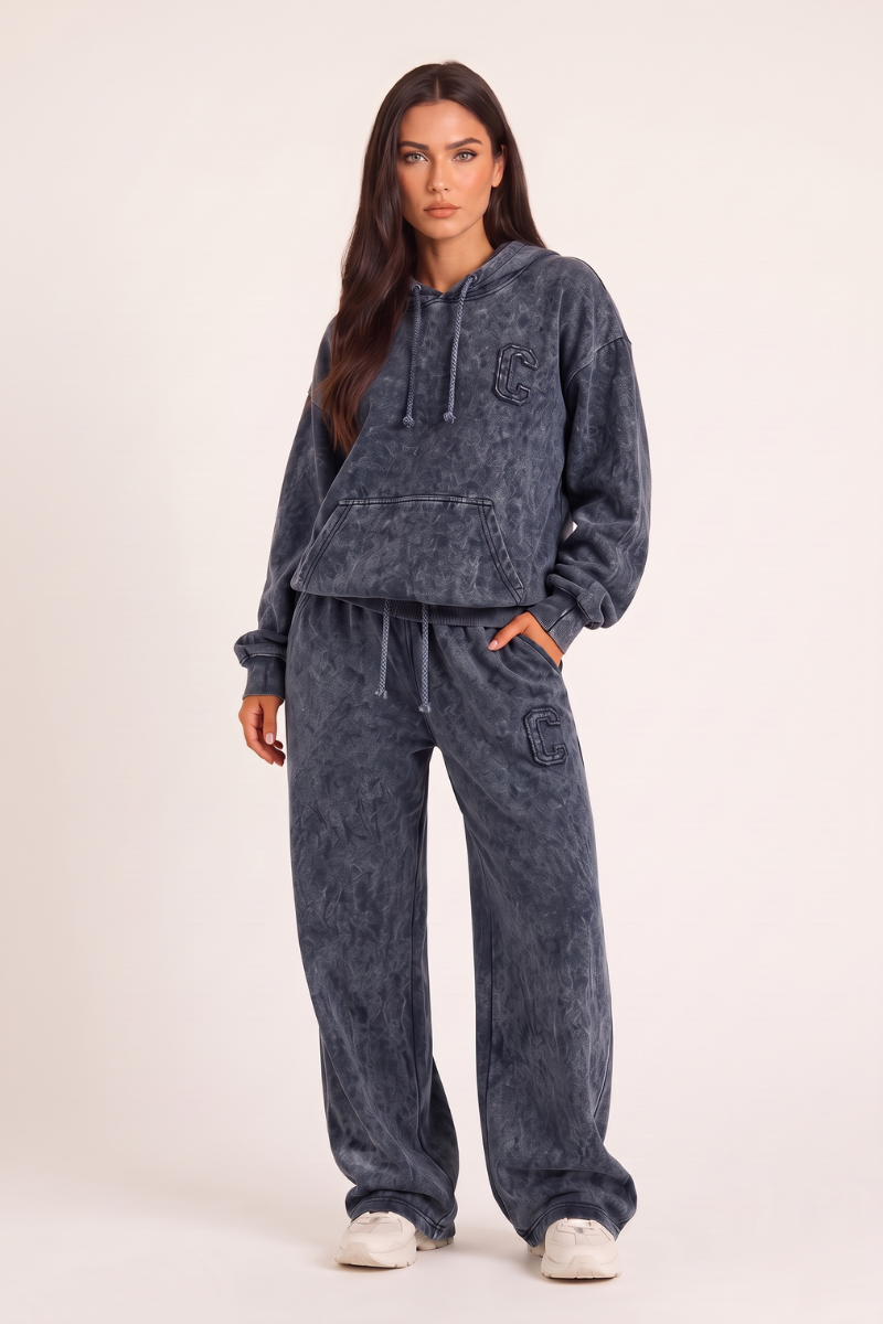 Dark Grey Acid Wash Applique Hoodie & Wide Leg Jogger Co-ord Set - Esmae