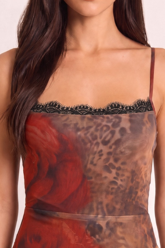 Brown Leopard Print Lace Trim Asymmetric Mesh Mini Dress - Redmin