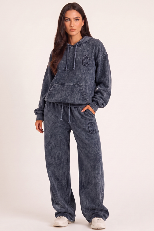 Charcoal Acid Wash Applique Hoodie & Wide Leg Jogger Co-ord Set - Esmae