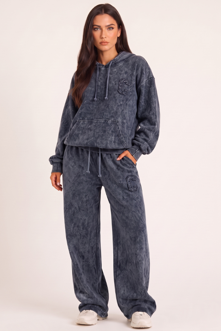 Charcoal Acid Wash Applique Hoodie & Wide Leg Jogger Co-ord Set - Esmae