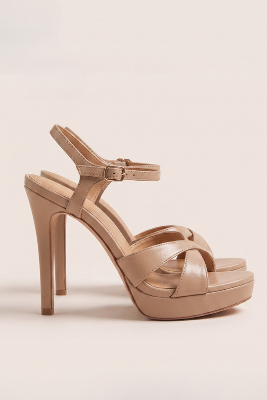 Nude Faux Leather Cross Strap Platform Stiletto Heels - Ivani