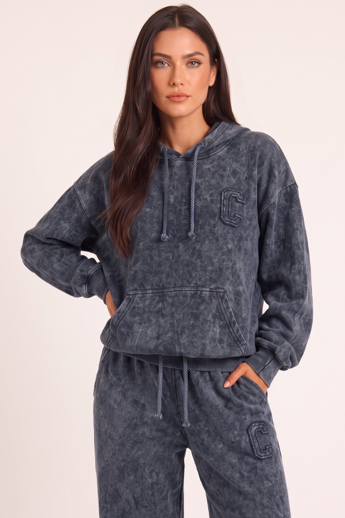 Charcoal Acid Wash Applique Hoodie & Wide Leg Jogger Co-ord Set - Esmae