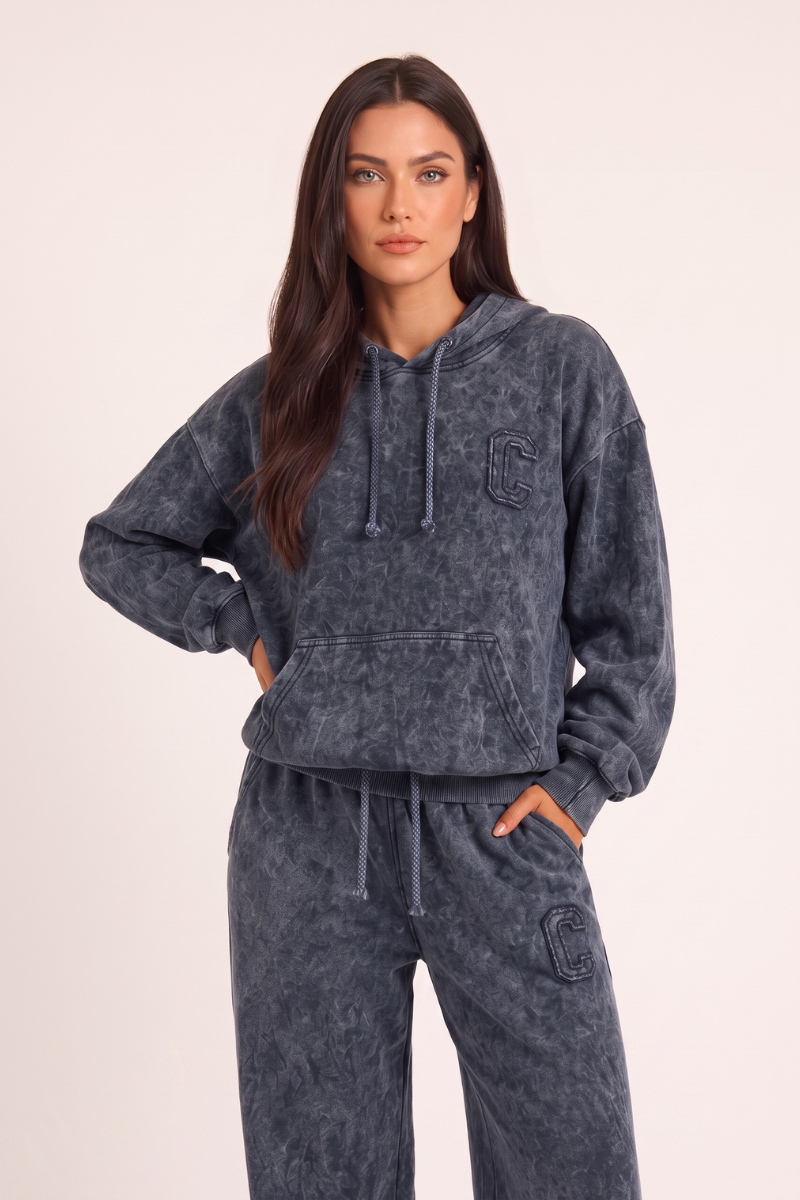 Dark Grey Acid Wash Applique Hoodie & Wide Leg Jogger Co-ord Set - Esmae