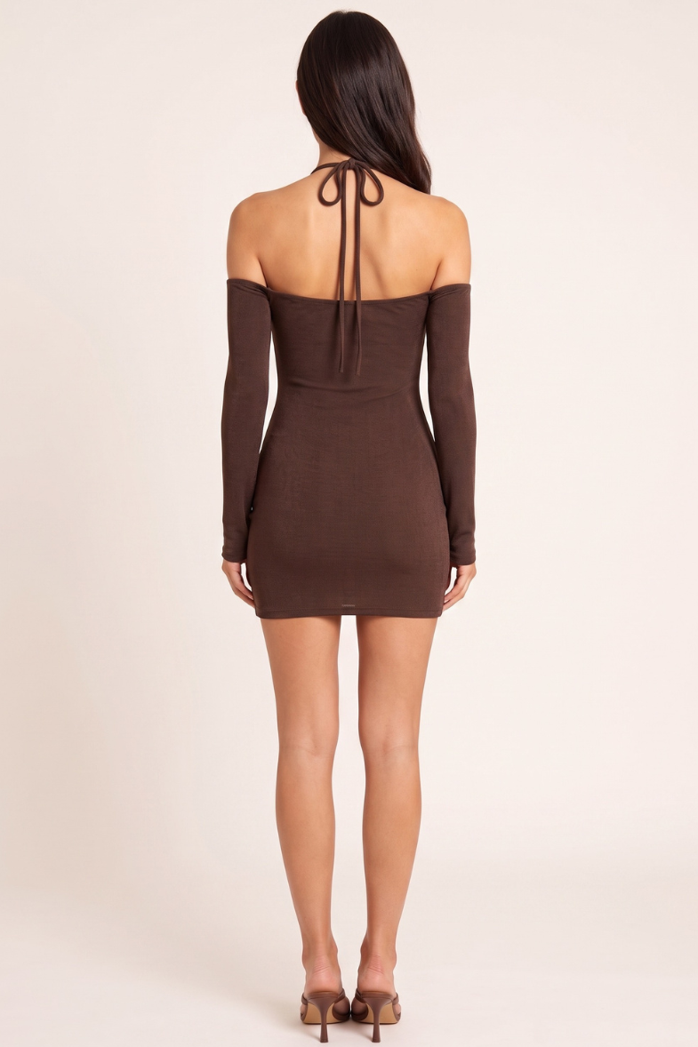 Chocolate Textured Slinky Trim Detail Bodycon Mini Dress - Blanca