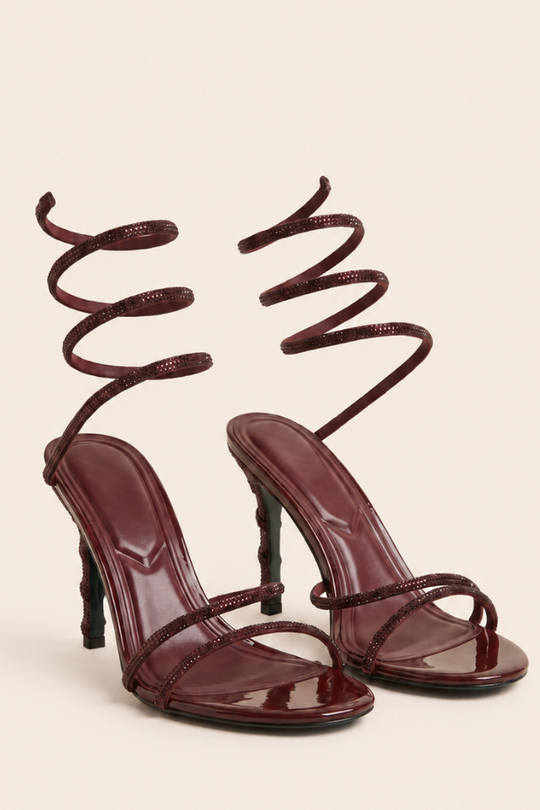 Burgundy Diamante Detail Wrap Up Strappy Heels - Charlia