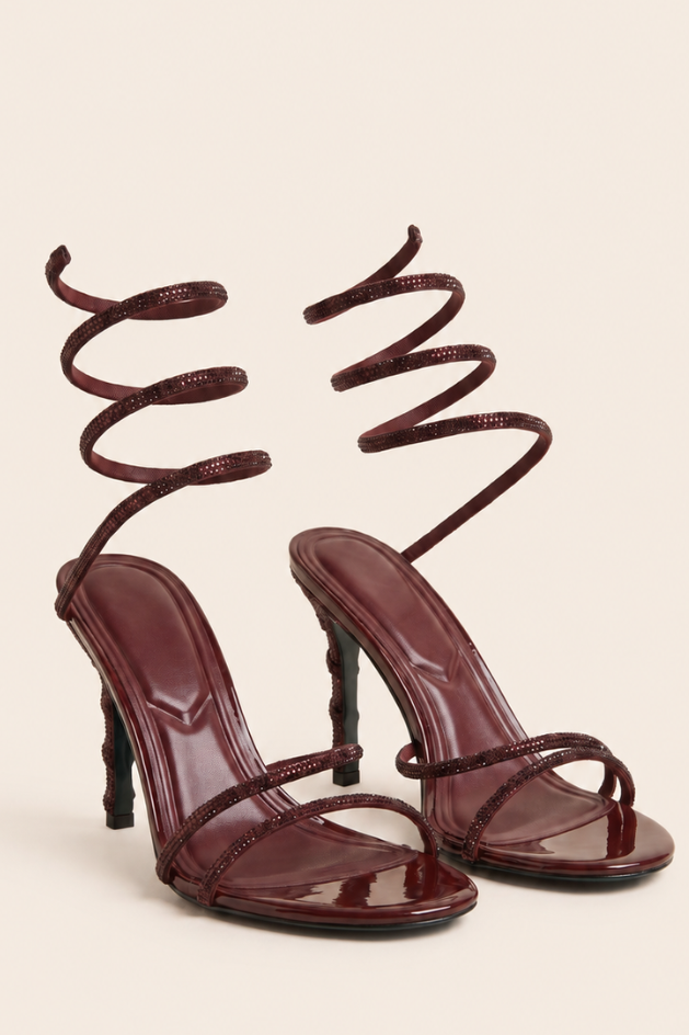 Burgundy Diamante Detail Wrap Up Strappy Heels - Charlia