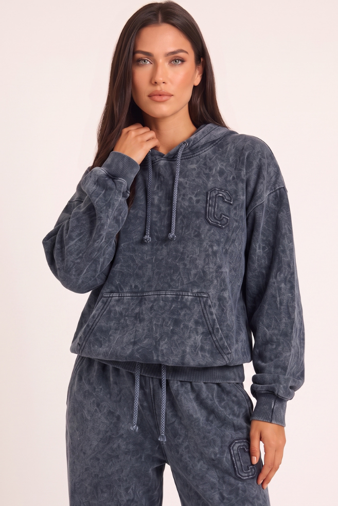 Charcoal Acid Wash Applique Hoodie & Wide Leg Jogger Co-ord Set - Esmae