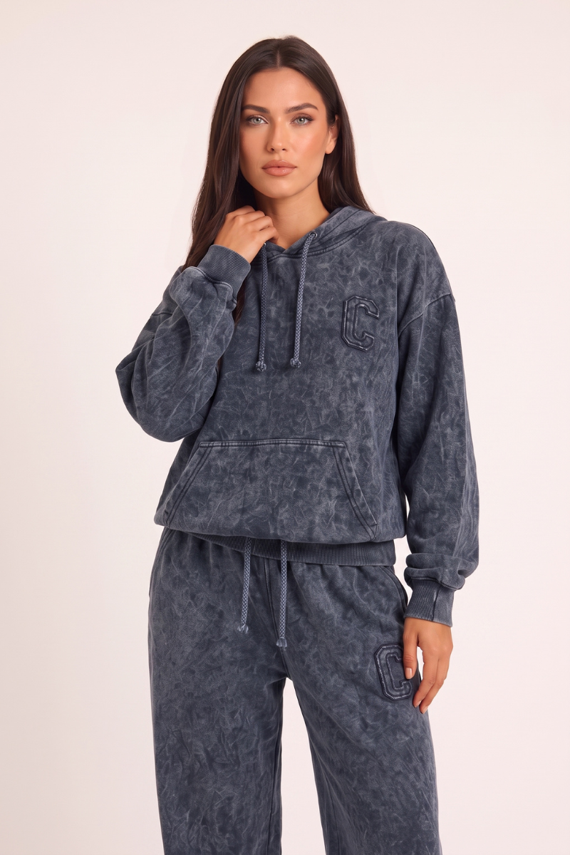 Dark Grey Acid Wash Applique Hoodie & Wide Leg Jogger Co-ord Set - Esmae