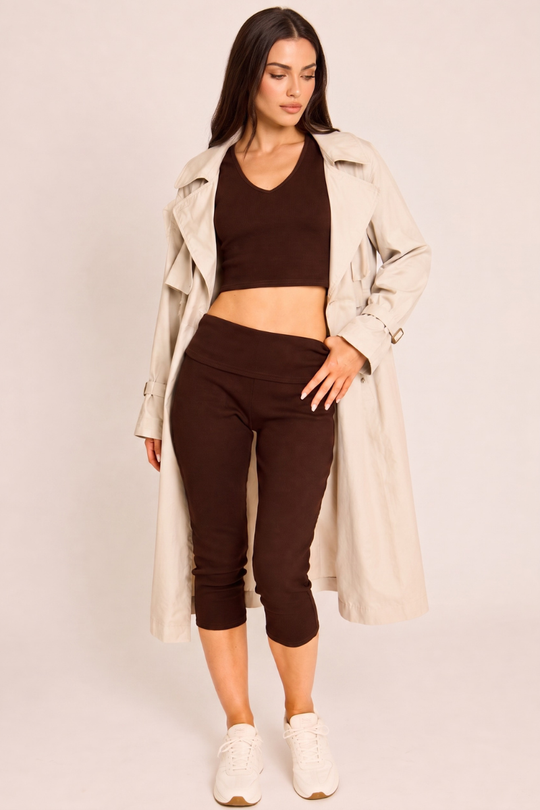 Chocolate Ribbed Crop Top and Fold Over Capri Pants Co-ord Set - Rachel