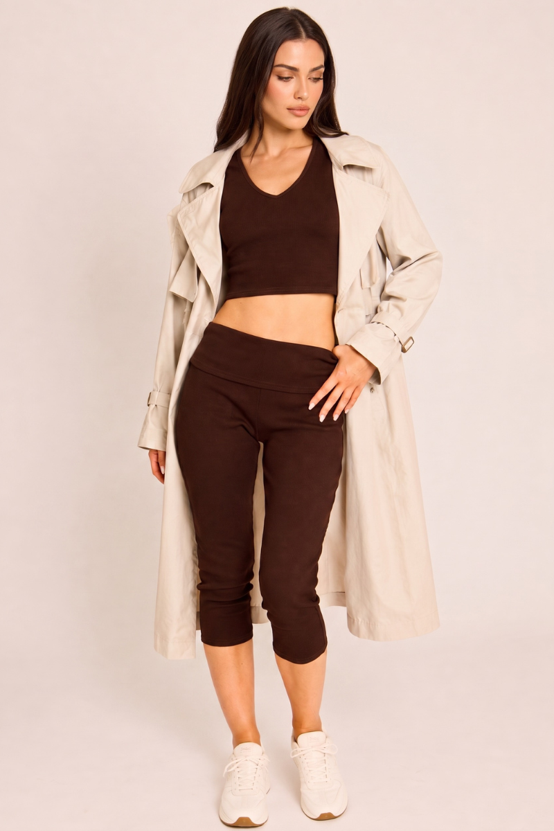 Chocolate Ribbed Crop Top and Fold Over Capri Pants Co-ord Set - Rachel