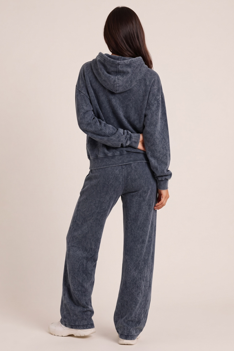 Dark Grey Acid Wash Applique Hoodie & Wide Leg Jogger Co-ord Set - Esmae