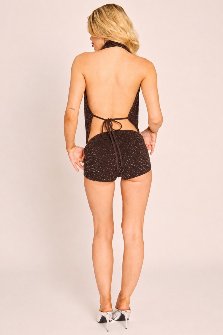 Chocolate Hotfix Diamante Plunge Top and Micro Shorts Co-ord Set - Kendra