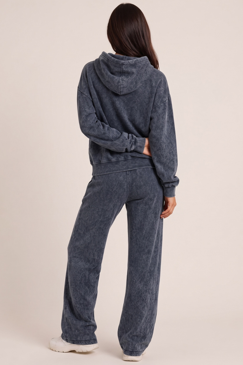 Charcoal Acid Wash Applique Hoodie & Wide Leg Jogger Co-ord Set - Esmae