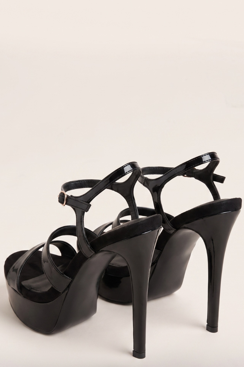 Black Faux Leather Cross Strap Platform Stiletto Heels - Ivani