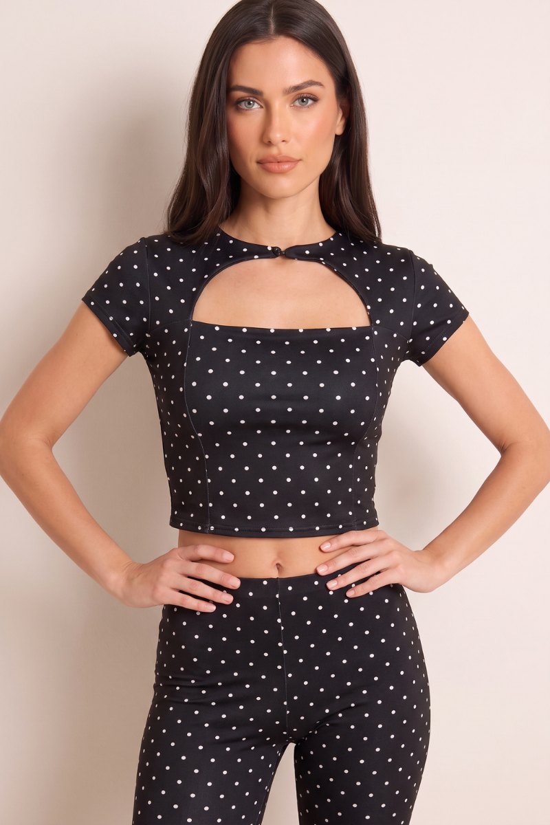 Black Polka Dot Cut Out Top and Capri Pants Co-ord Set - June