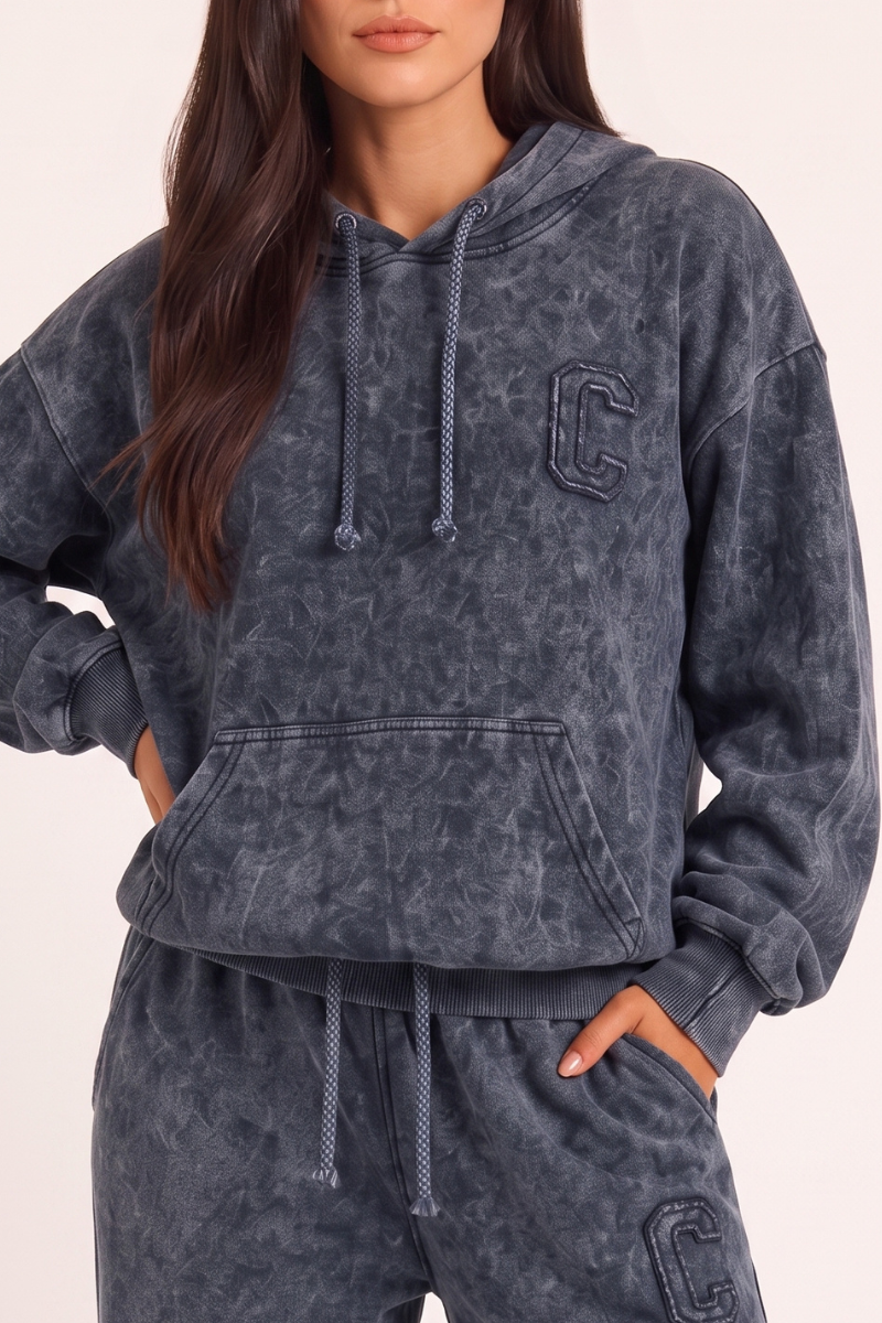 Dark Grey Acid Wash Applique Hoodie & Wide Leg Jogger Co-ord Set - Esmae