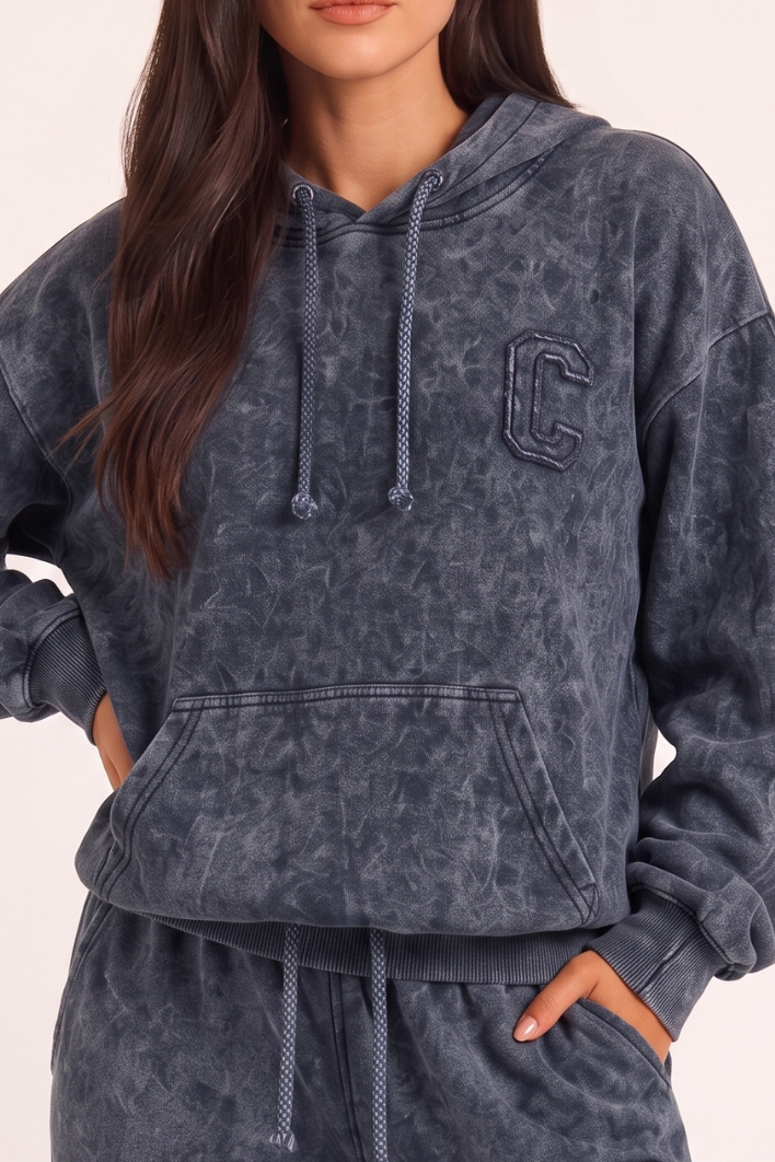 Charcoal Acid Wash Applique Hoodie & Wide Leg Jogger Co-ord Set - Esmae