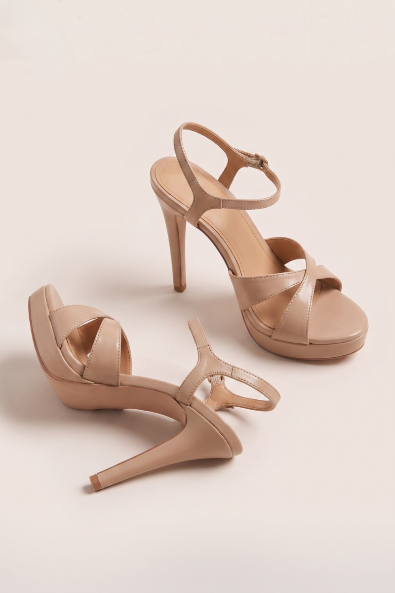 Nude Faux Leather Cross Strap Platform Stiletto Heels - Ivani