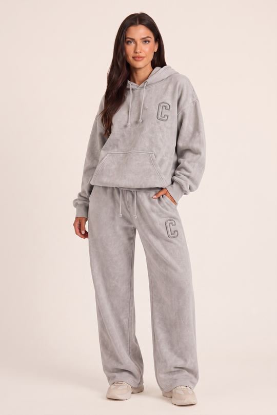 Bleach Grey Acid Wash Applique Hoodie & Wide Leg Jogger Co-ord Set - Esmae