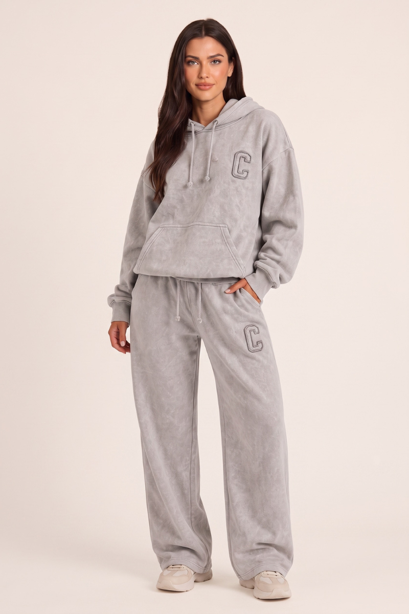 Bleach Grey Acid Wash Applique Hoodie & Wide Leg Jogger Co-ord Set - Esmae