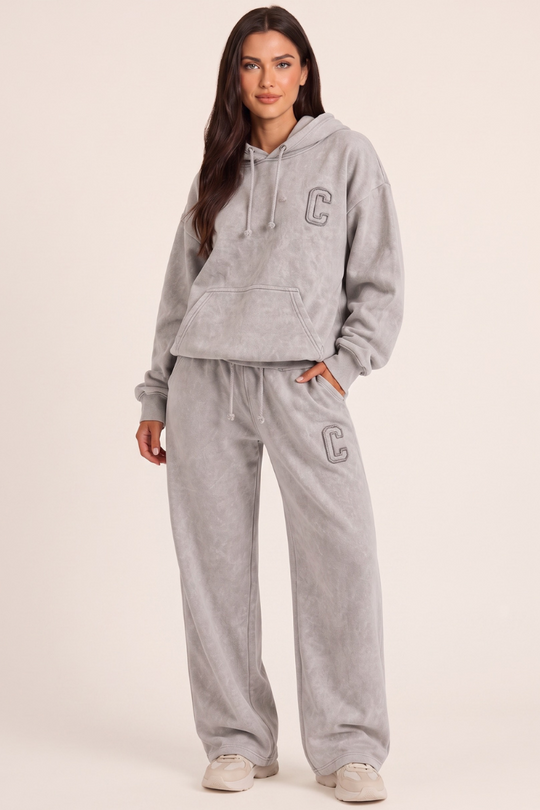 Dove Grey Acid Wash Applique Hoodie & Wide Leg Jogger Co-ord Set - Esmae