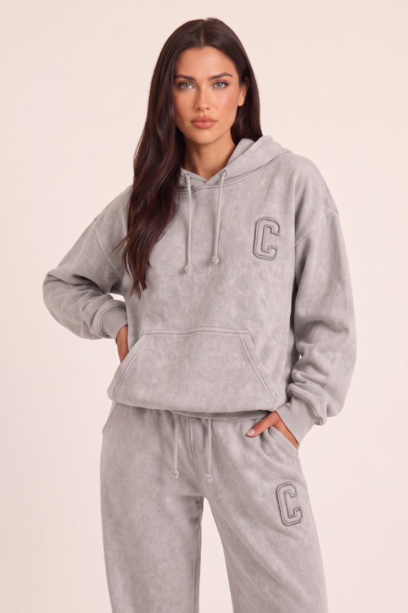 Bleach Grey Acid Wash Applique Hoodie & Wide Leg Jogger Co-ord Set - Esmae