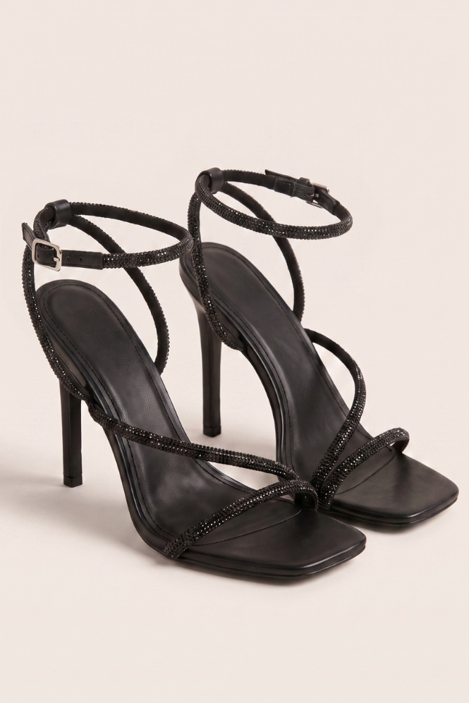 Black Diamante Detail Strappy Heels - Damika