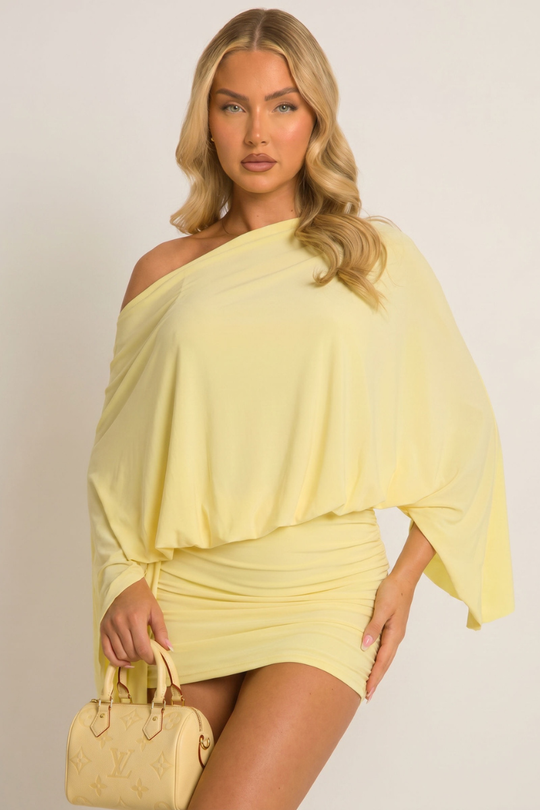 Butter Yellow Asymmetric Batwing Mini Dress - Neema