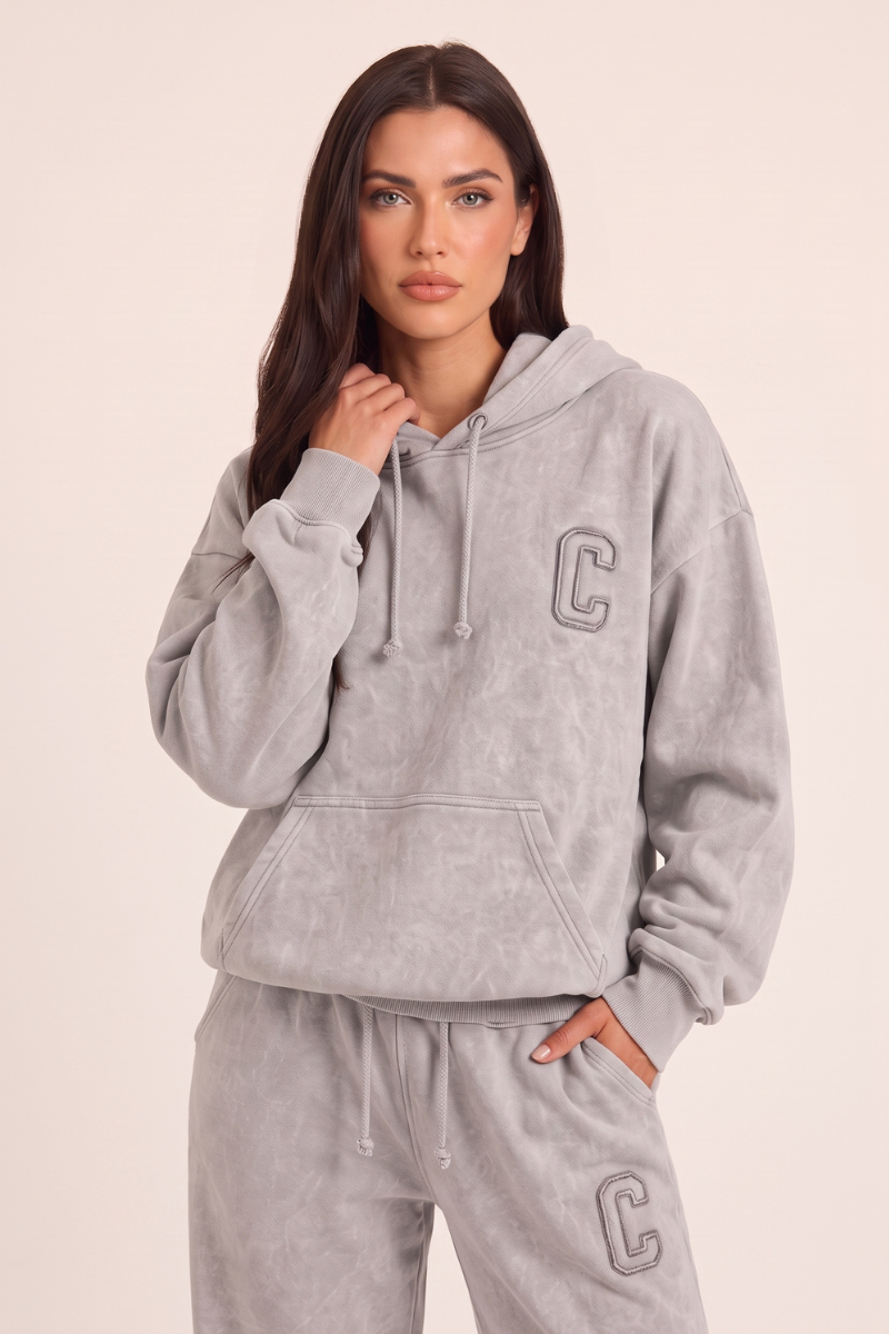Bleach Grey Acid Wash Applique Hoodie & Wide Leg Jogger Co-ord Set - Esmae