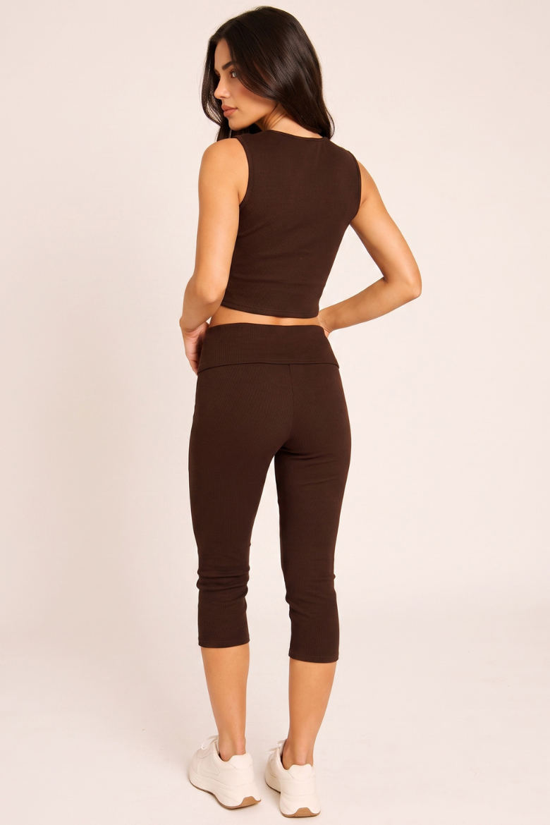 Chocolate Ribbed Crop Top and Fold Over Capri Pants Co-ord Set - Rachel
